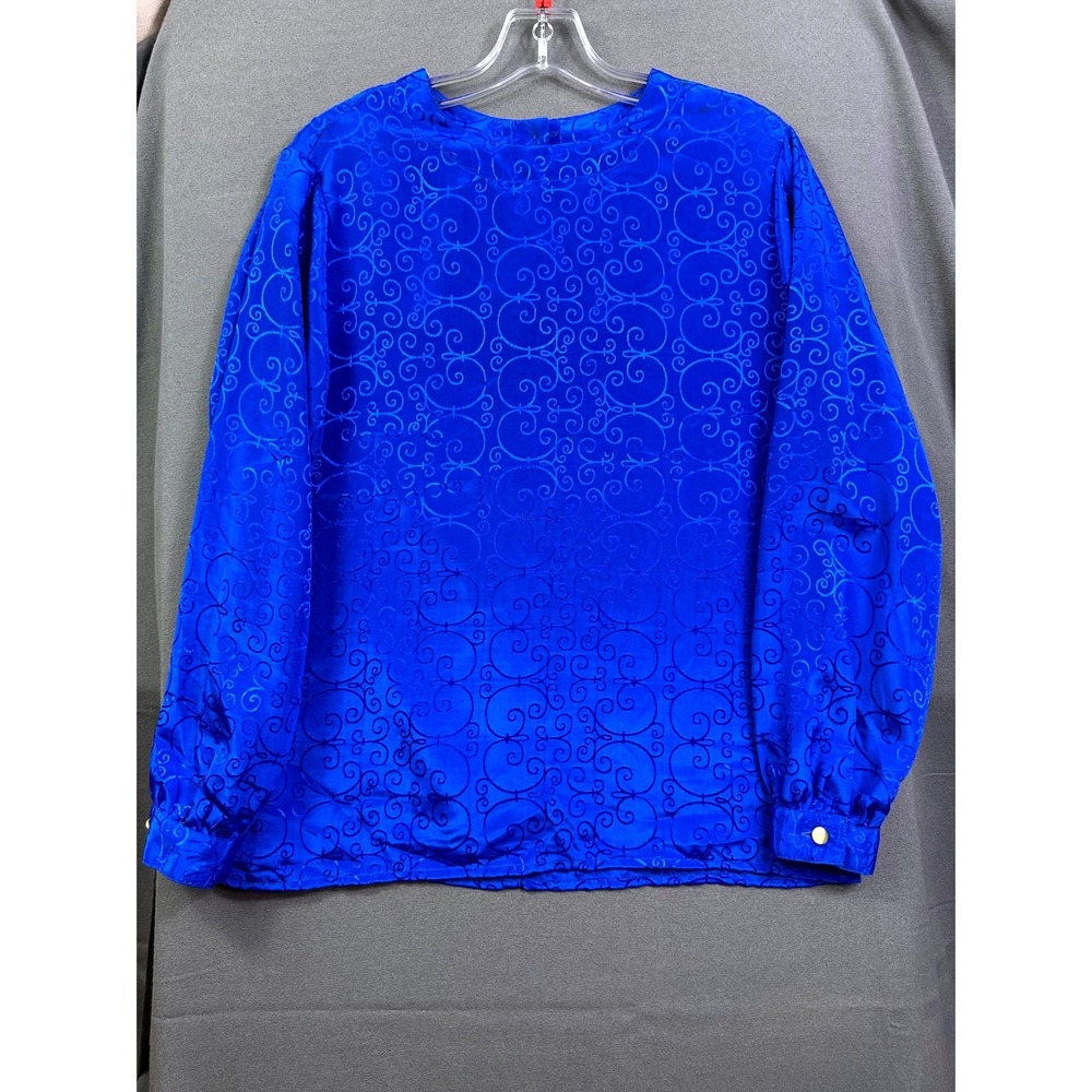 Leslie Fay Sport Royal Blue Jacquard Swirl Scroll Long Sleeve Blouse Women's 8 - Picture 2 of 11